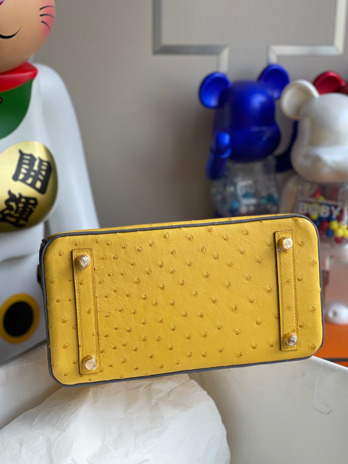 에르메스 버킨백25 앰버 옐로우 그레이 금장 타조가죽